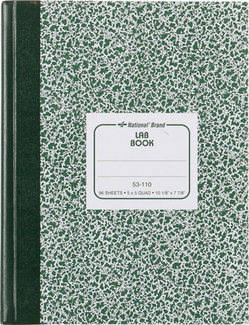 National® Laboratory Notebook, 5 x 5 Quad Ruling, Green Marble Cover, 10'' x 8'', 96 Sheets